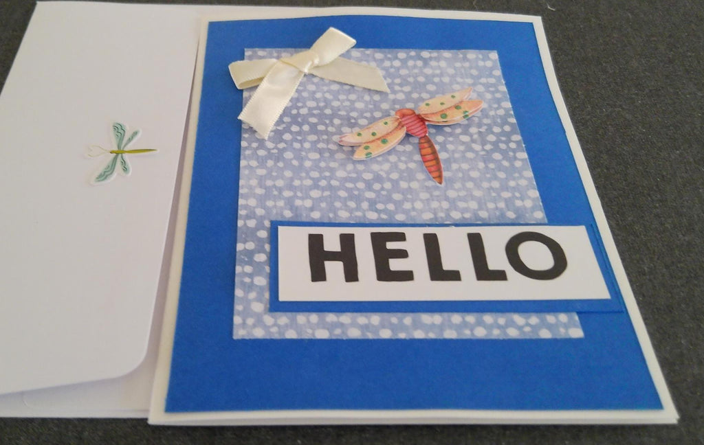 Handmade Hello Card with Dragonfly Embellishment, Blank Inside
