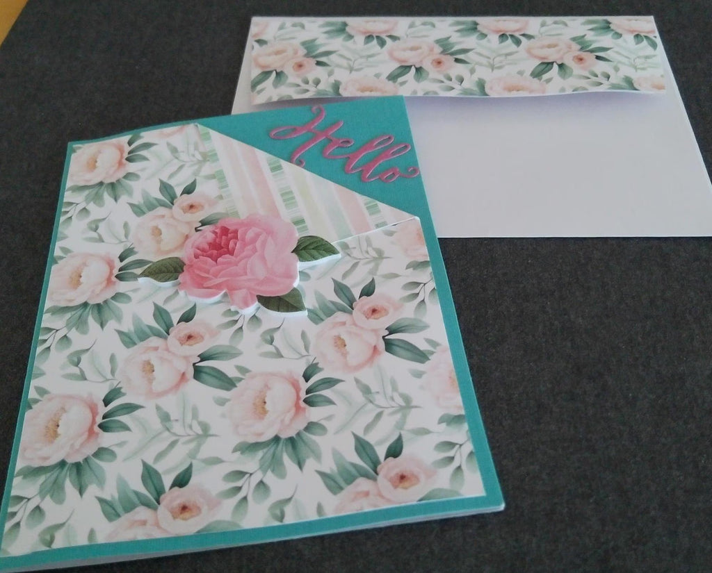 Handmade Rose Floral Hello Card: Blank Inside, Teal Accent