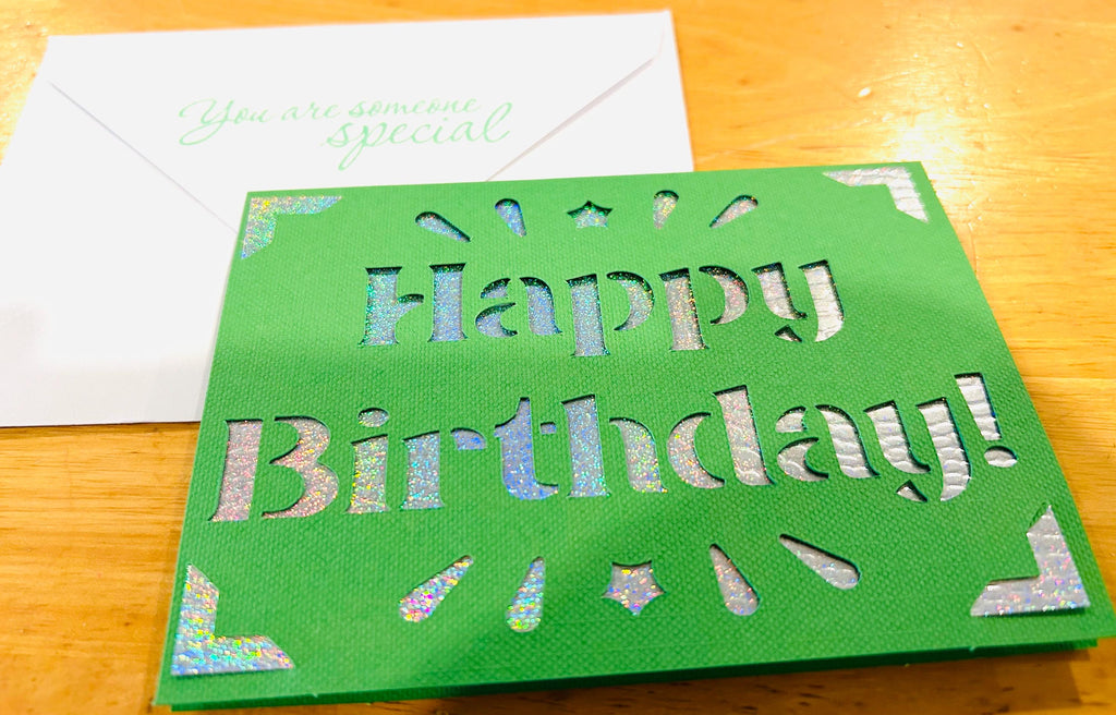Handcrafted Birthday Card: Green Layered Cardstock with Glitter Accents